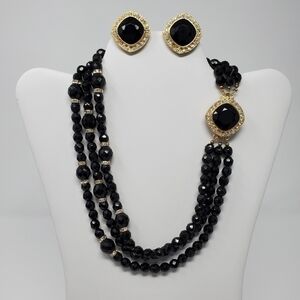 VINTAGE GJD SIGNED DEMI PARURE NECKLACE CLIP ON EARRINGS BLACK CRYSTAL 1980S